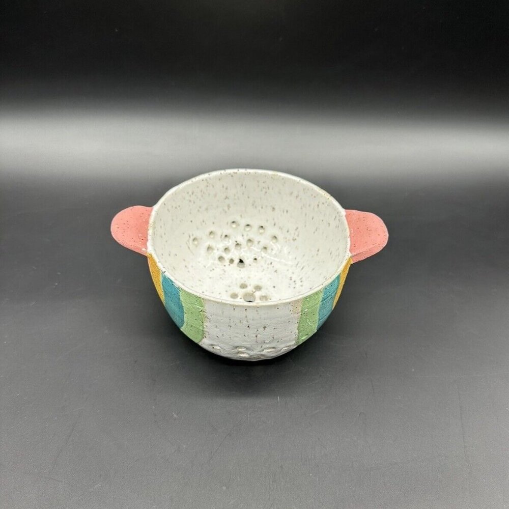Rainbow Speckled Art Pottery Colander Bowl Storage Display Pink White Matte READ